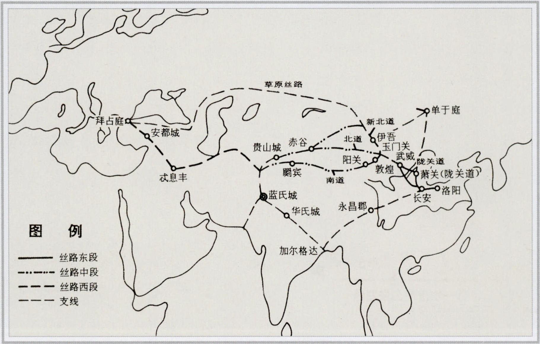 漢代絲綢之路主要線路示意圖